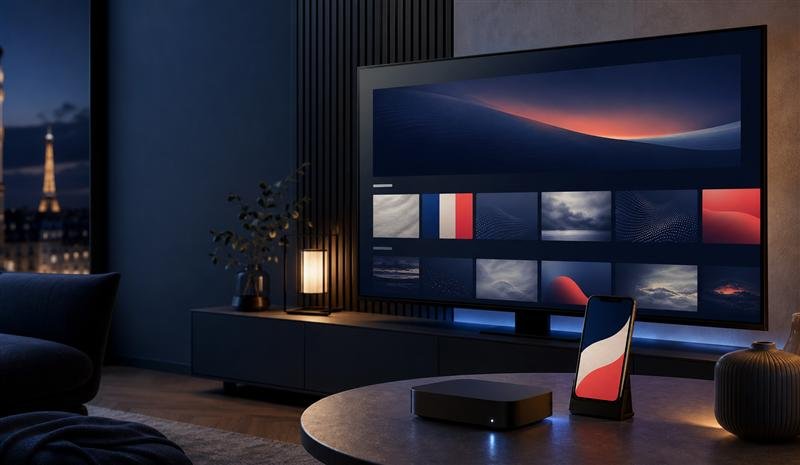 Téléviseur et appareils connectés dans un salon contemporain